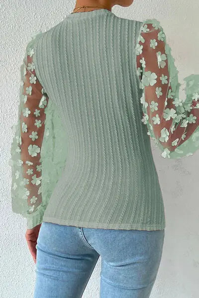 Double Take Textured Applique Long Sleeve Blouse - Be Bliss Boutique