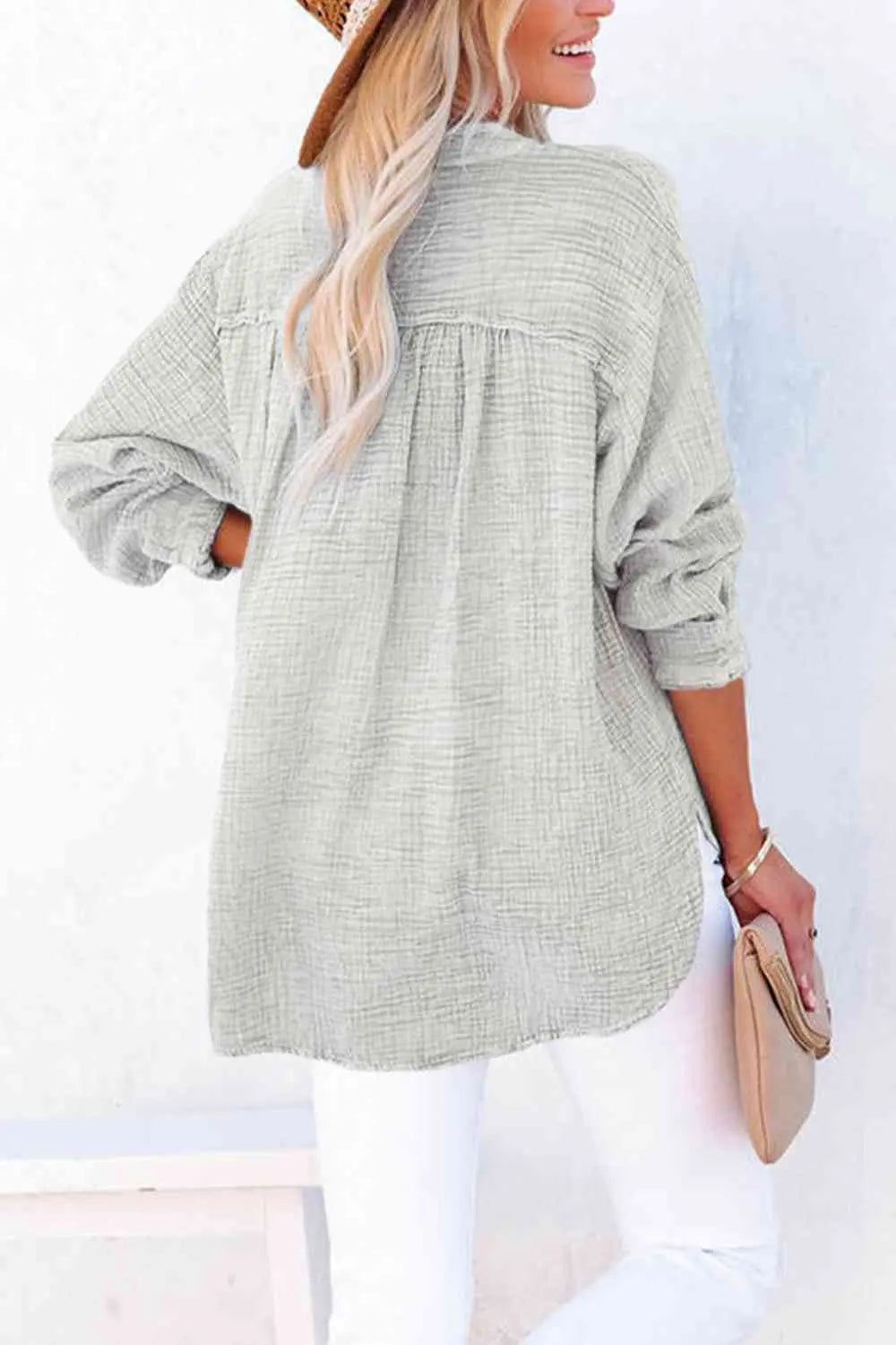 Women's Textured Cotton Buttoned Long Sleeve Blouse - Be Bliss Boutique