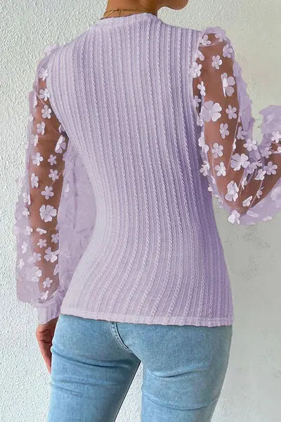 Double Take Textured Applique Long Sleeve Blouse - Be Bliss Boutique