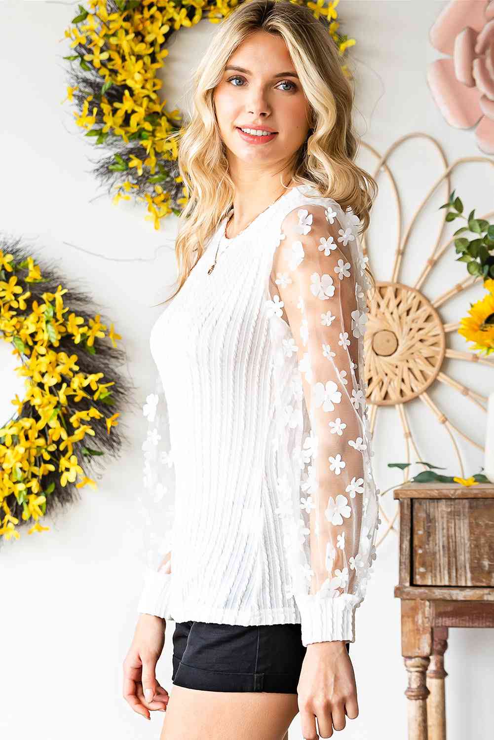 Double Take Textured Applique Long Sleeve Blouse - Be Bliss Boutique