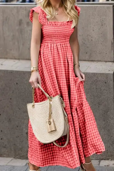 Full Size Smocked Ruffled Plaid Ruffle Hem Dress - Be Bliss Boutique