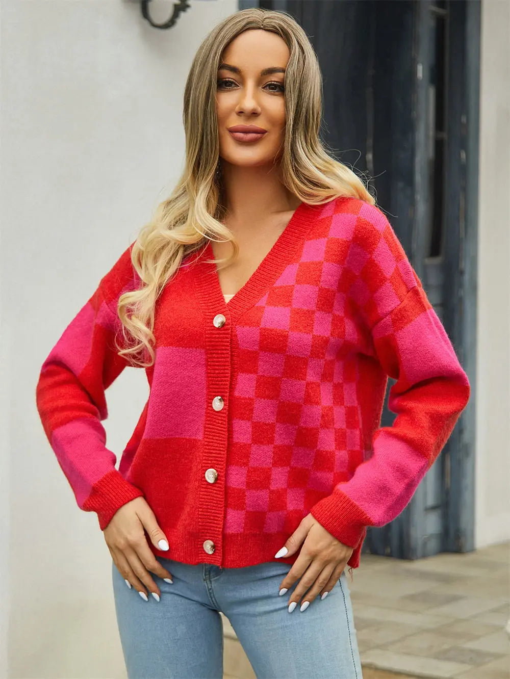 Plaid V-Neck Dropped Shoulder Cardigan - Be Bliss Boutique