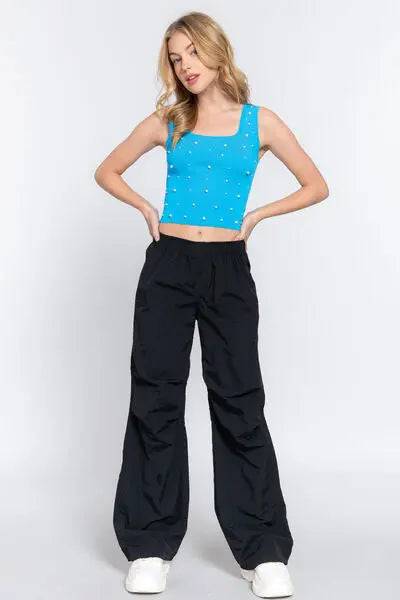 ACTIVE BASIC Pearl Detail Square Neck Cropped Tank - Be Bliss Boutique