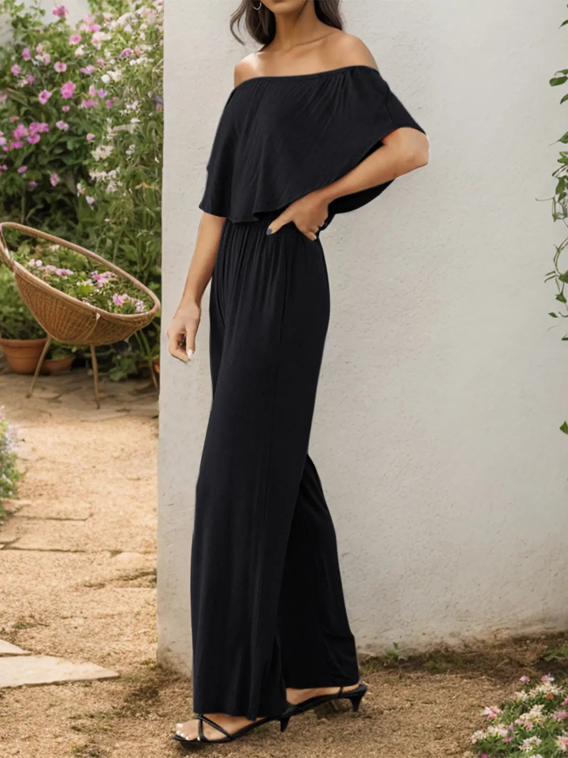 Off-Shoulder Wide Leg Jumpsuit - Be Bliss Boutique