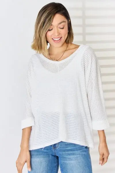 Zenana Full Size Waffle Knit V-Neck Long Sleeve Slit Top - Be Bliss Boutique