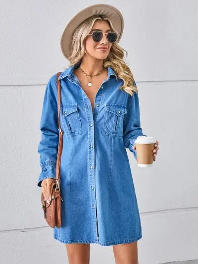 Pocketed Dropped Shoulder Mini Denim Dress - Be Bliss Boutique