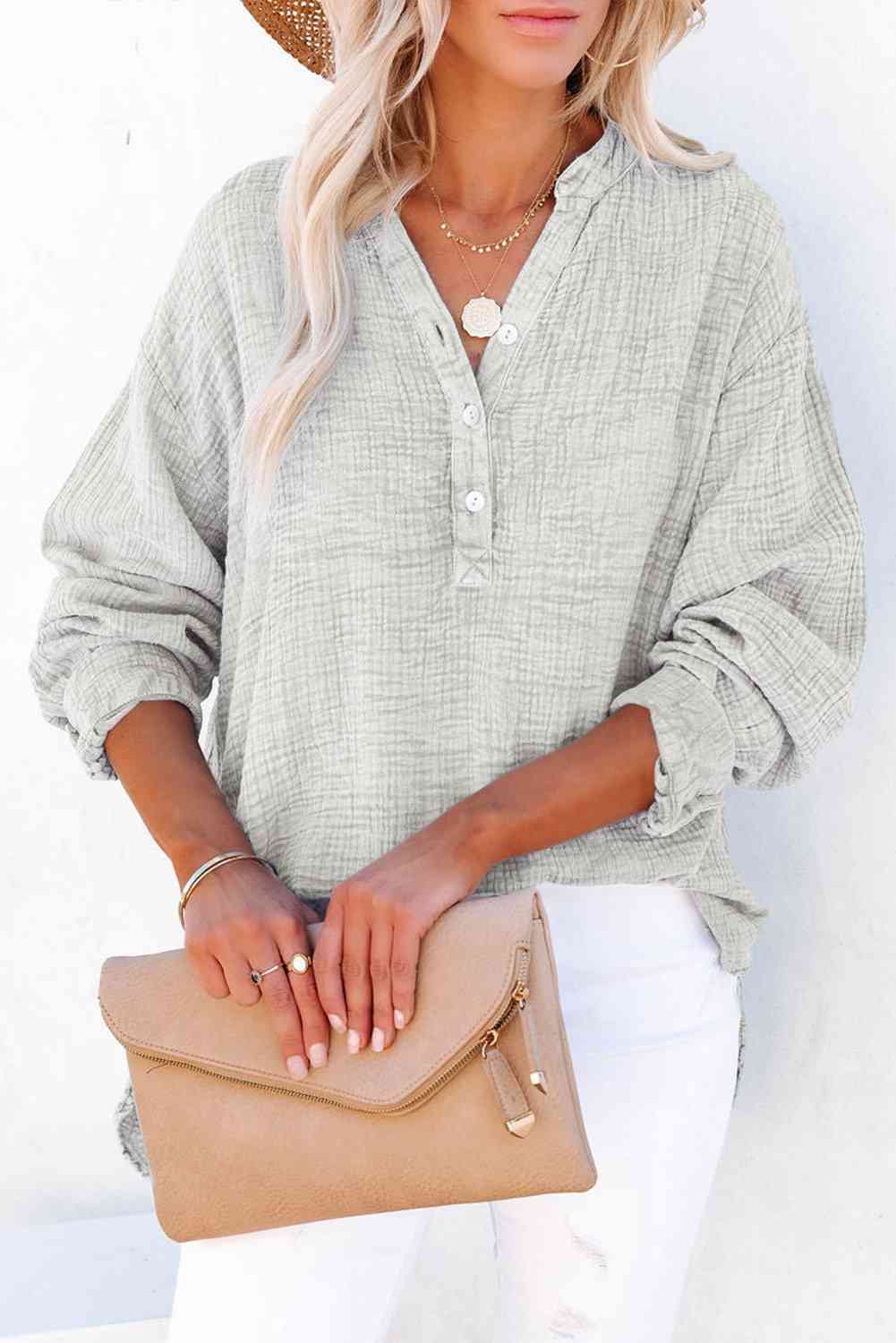 Women's Textured Cotton Buttoned Long Sleeve Blouse - Be Bliss Boutique