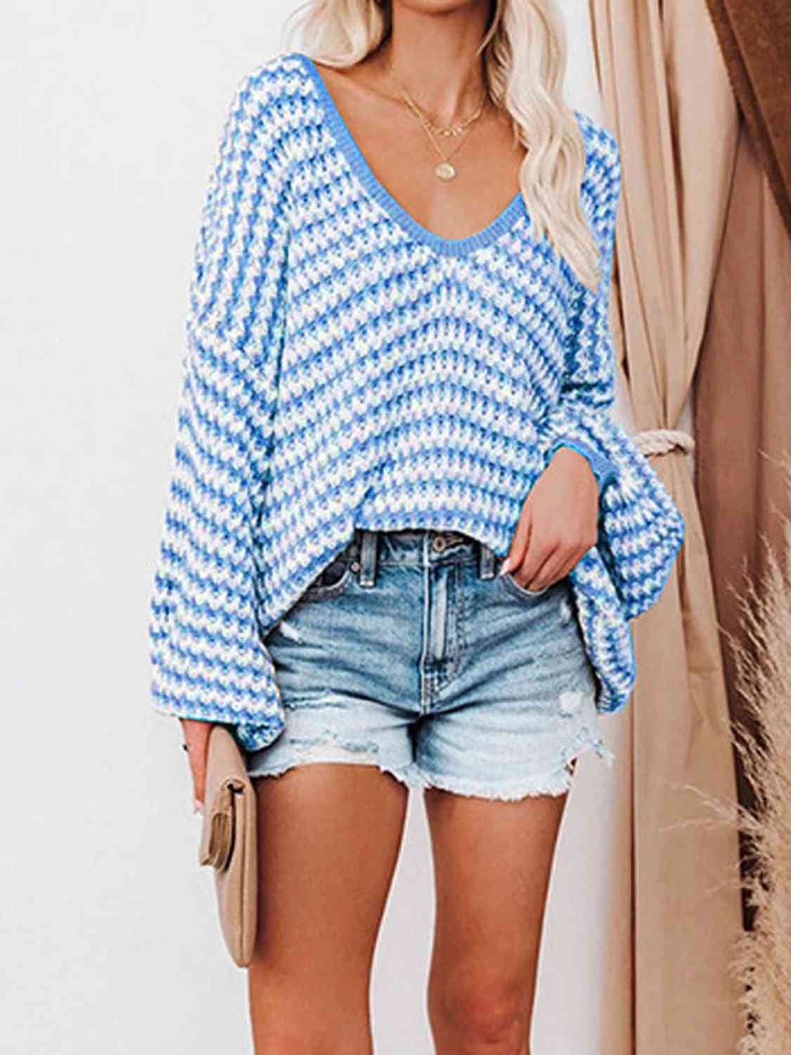 Striped Drop Shoulder V-Neck Sweater - Be Bliss Boutique