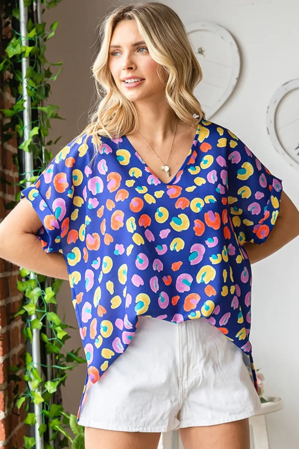 First Love Printed V-Neck Short Sleeve Blouse - Be Bliss Boutique