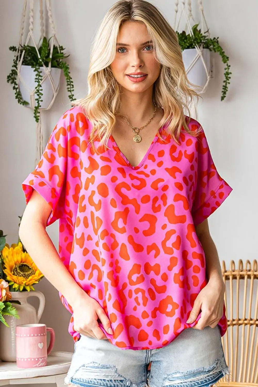 First Love Leopard V-Neck Short Sleeve Woven Top - Be Bliss Boutique