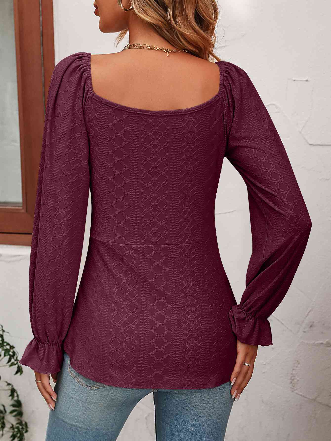 Tie Front V-Neck Puff Sleeve Blouse - Be Bliss Boutique