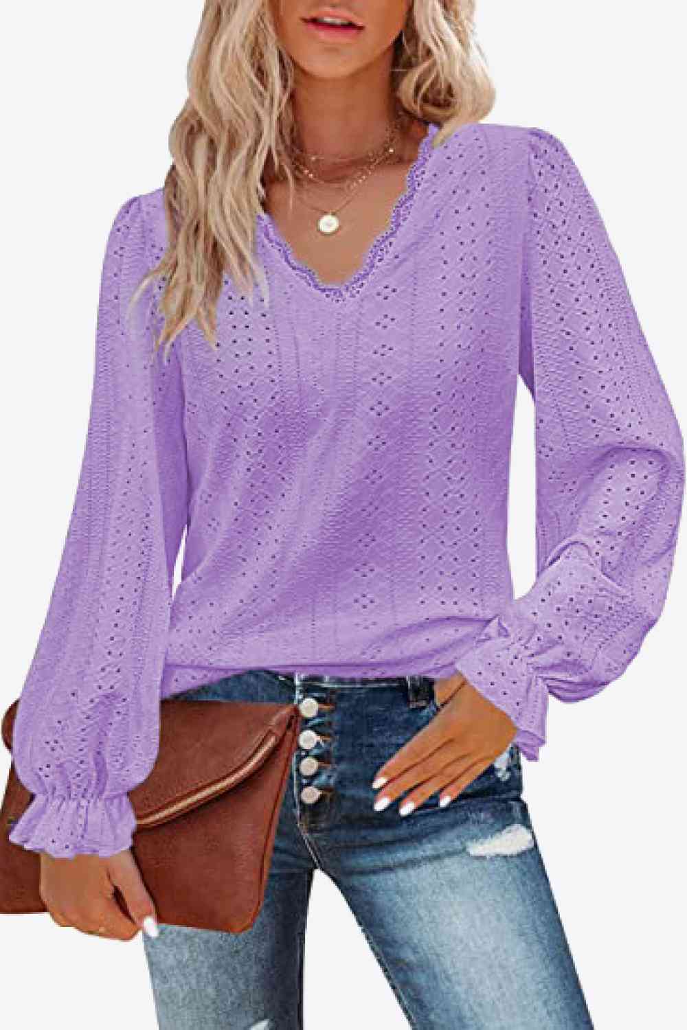 Eyelet V-Neck Flounce Sleeve Blouse - Be Bliss Boutique