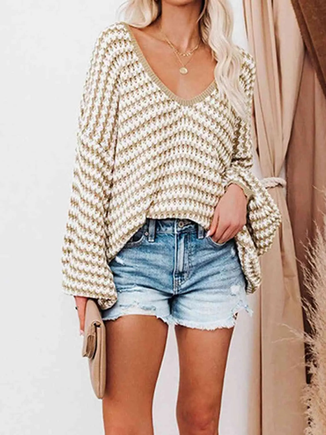 Striped Drop Shoulder V-Neck Sweater - Be Bliss Boutique