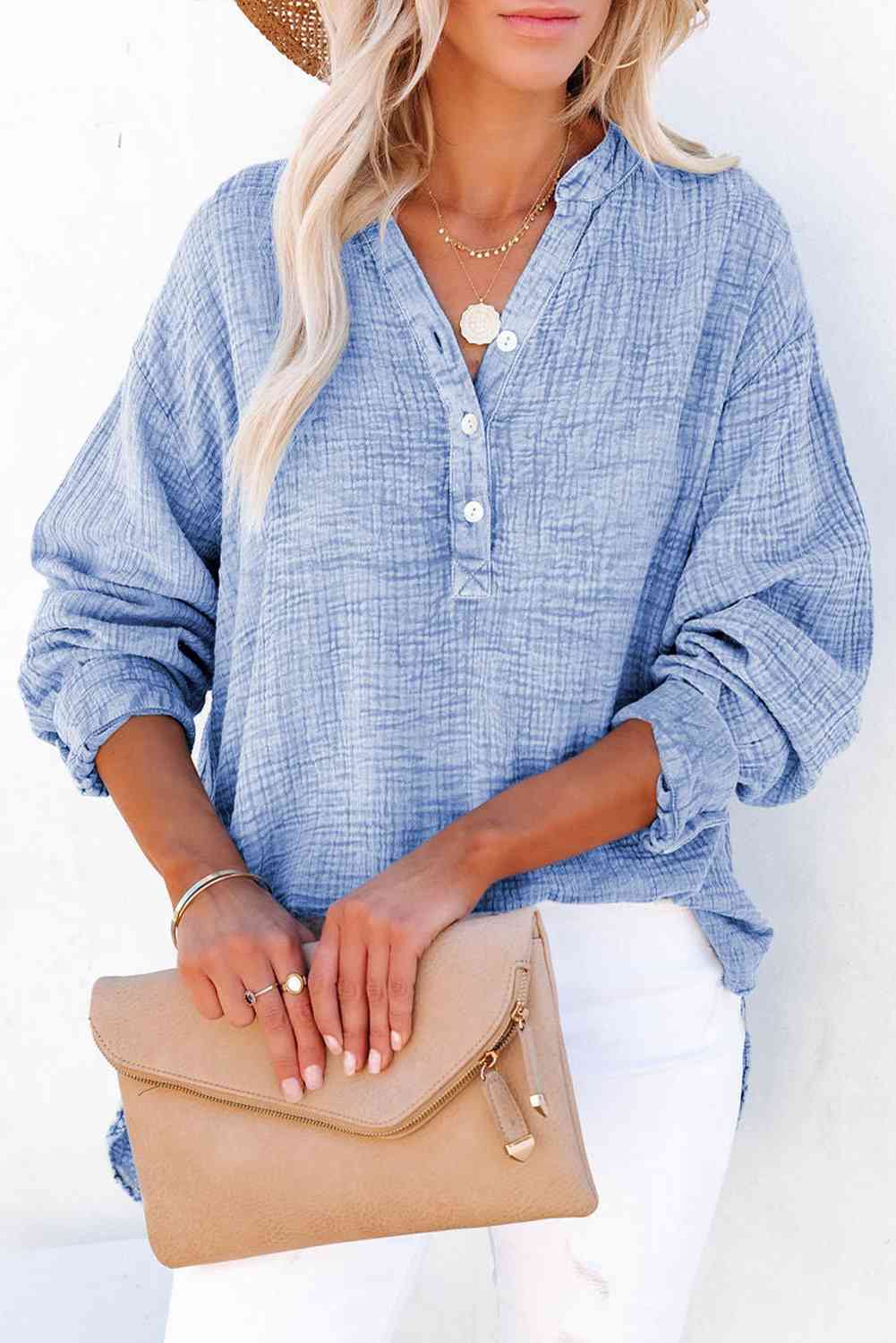 Women's Textured Cotton Buttoned Long Sleeve Blouse - Be Bliss Boutique