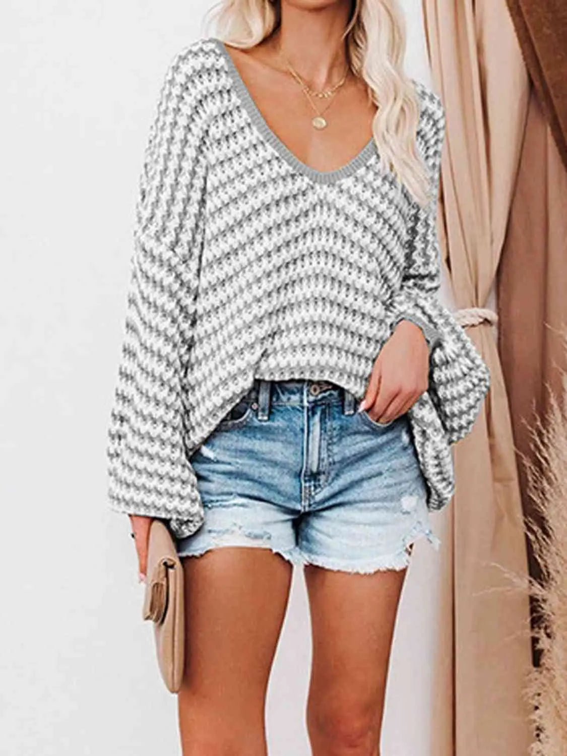 Striped Drop Shoulder V-Neck Sweater - Be Bliss Boutique