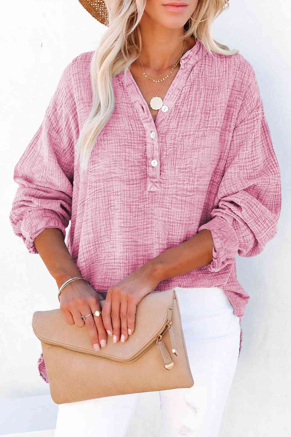 Women's Textured Cotton Buttoned Long Sleeve Blouse - Be Bliss Boutique