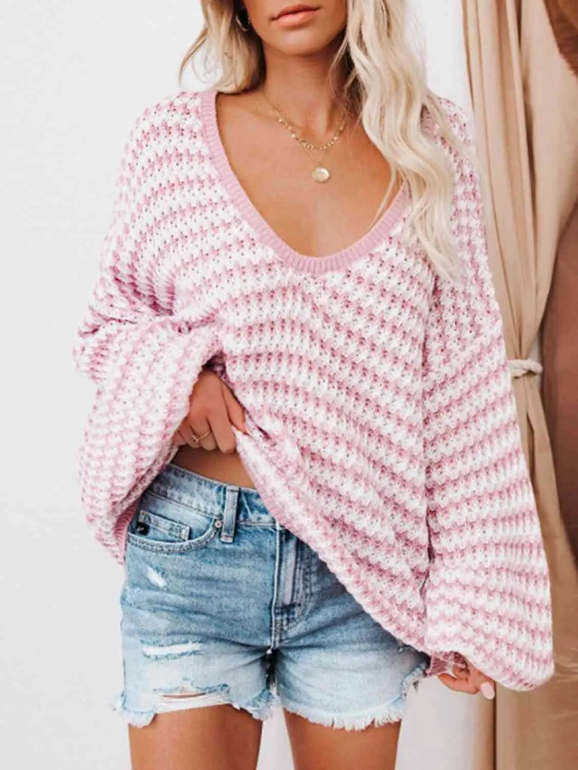 Striped Drop Shoulder V-Neck Sweater - Be Bliss Boutique
