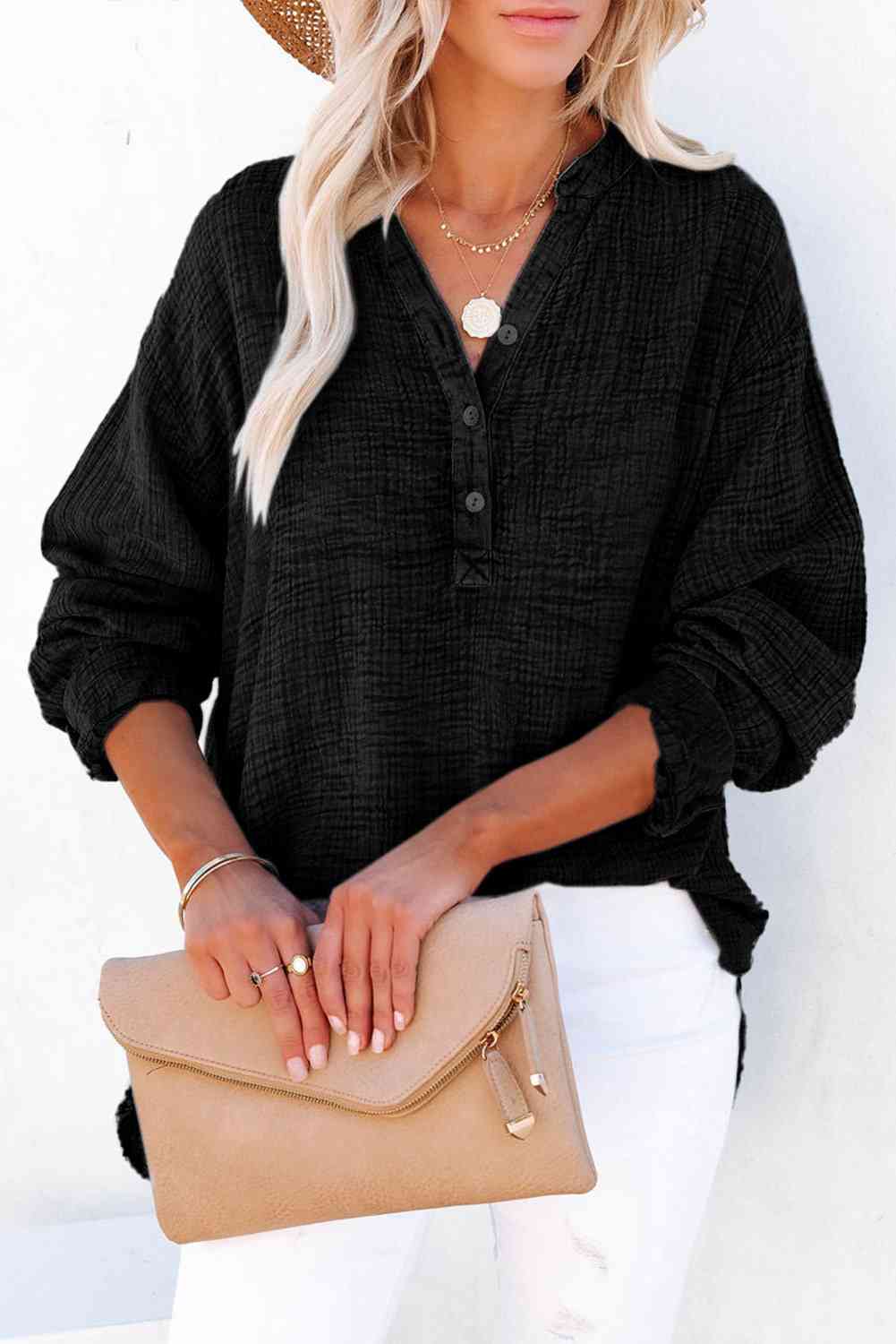 Women's Textured Cotton Buttoned Long Sleeve Blouse - Be Bliss Boutique
