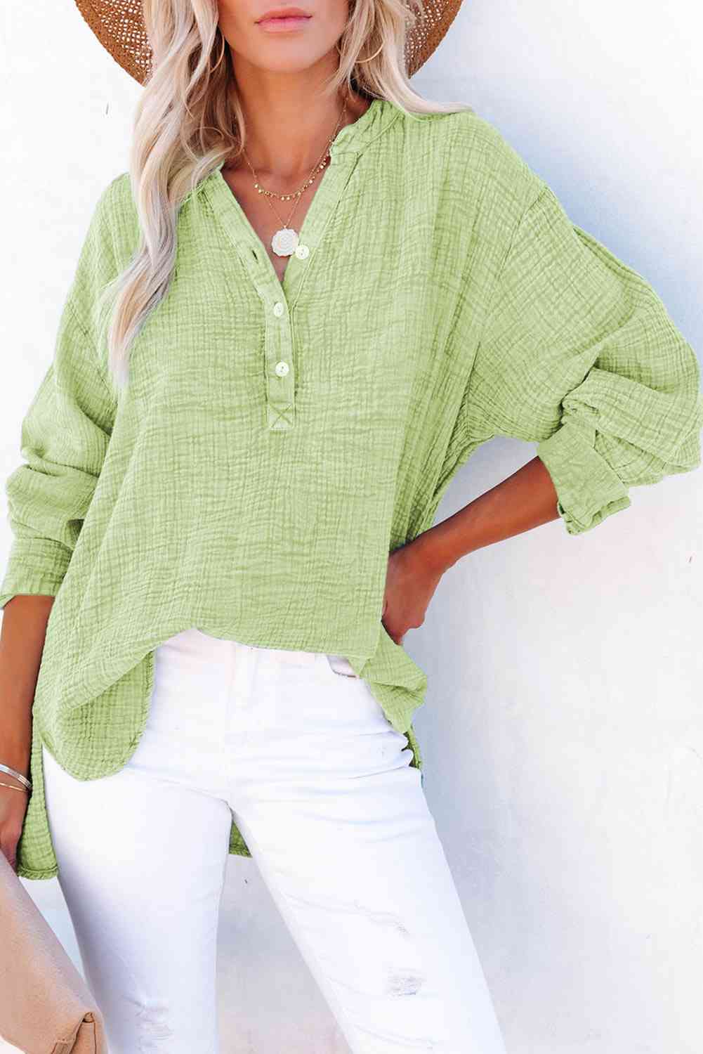 Women's Textured Cotton Buttoned Long Sleeve Blouse - Be Bliss Boutique