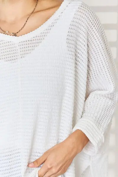 Zenana Full Size Waffle Knit V-Neck Long Sleeve Slit Top - Be Bliss Boutique
