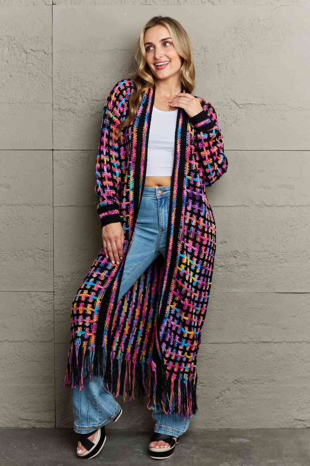 Multicolored Open Front Fringe Hem Cardigan - Be Bliss Boutique