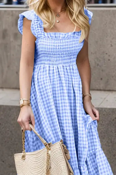 Full Size Smocked Ruffled Plaid Ruffle Hem Dress - Be Bliss Boutique