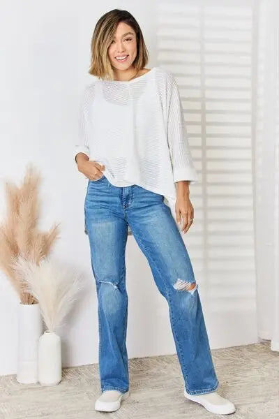 Zenana Full Size Waffle Knit V-Neck Long Sleeve Slit Top - Be Bliss Boutique