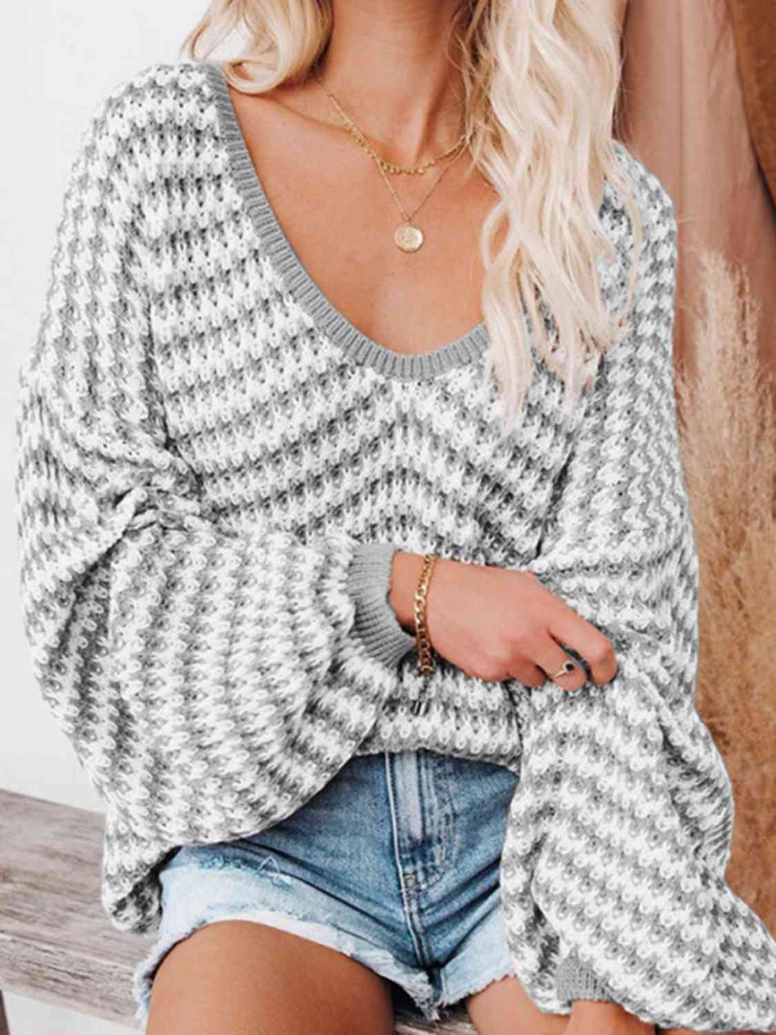 Striped Drop Shoulder V-Neck Sweater - Be Bliss Boutique