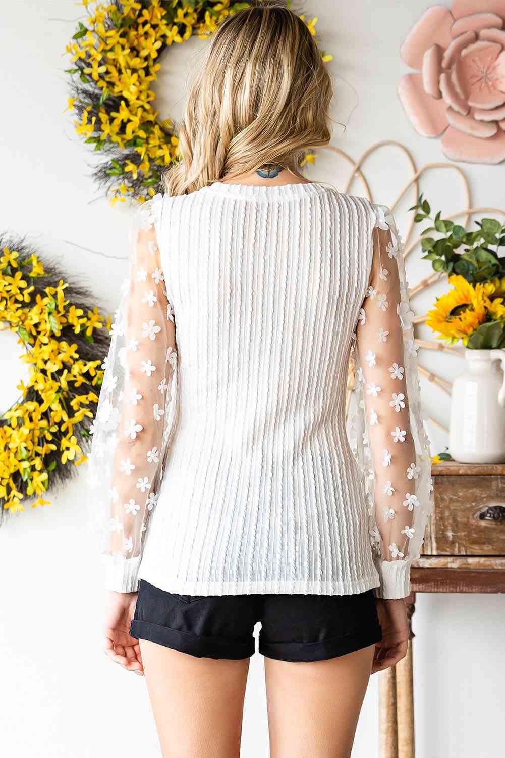 Double Take Textured Applique Long Sleeve Blouse - Be Bliss Boutique