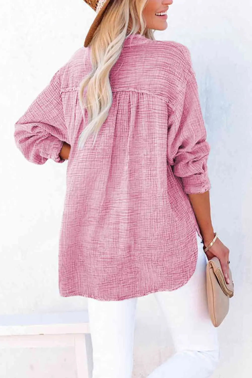 Women's Textured Cotton Buttoned Long Sleeve Blouse - Be Bliss Boutique