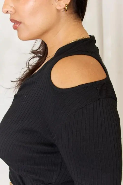 Culture Code Full Size Ribbed Surplice Cold Shoulder Top - Be Bliss Boutique