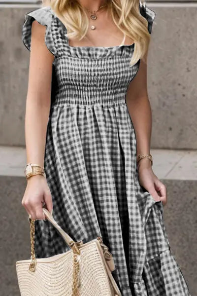 Full Size Smocked Ruffled Plaid Ruffle Hem Dress - Be Bliss Boutique