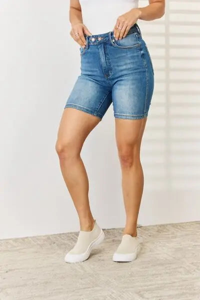 Judy Blue Full Size Tummy Control Double Button Bermuda Denim Shorts - Be Bliss Boutique