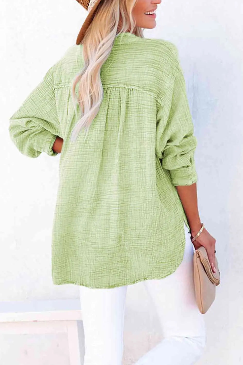 Women's Textured Cotton Buttoned Long Sleeve Blouse - Be Bliss Boutique