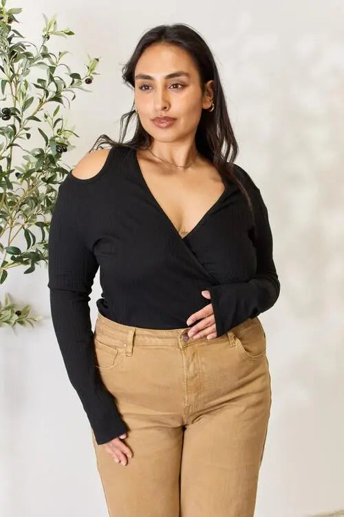Culture Code Full Size Ribbed Surplice Cold Shoulder Top - Be Bliss Boutique