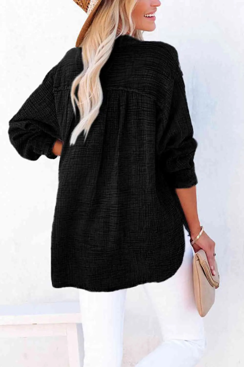 Women's Textured Cotton Buttoned Long Sleeve Blouse - Be Bliss Boutique
