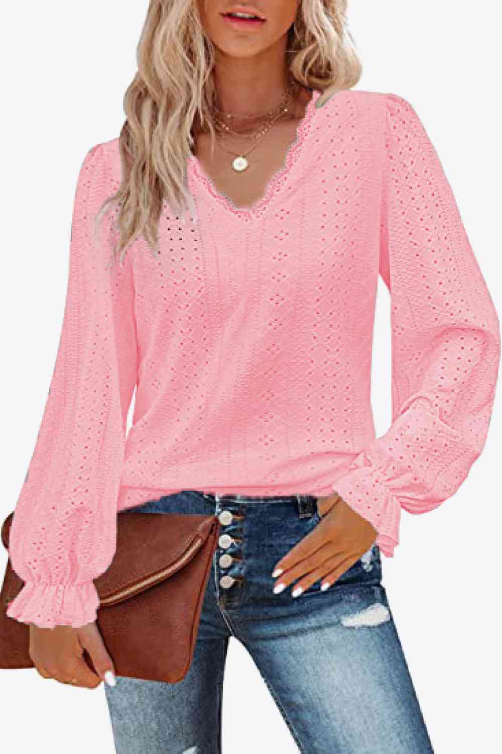 Eyelet V-Neck Flounce Sleeve Blouse - Be Bliss Boutique