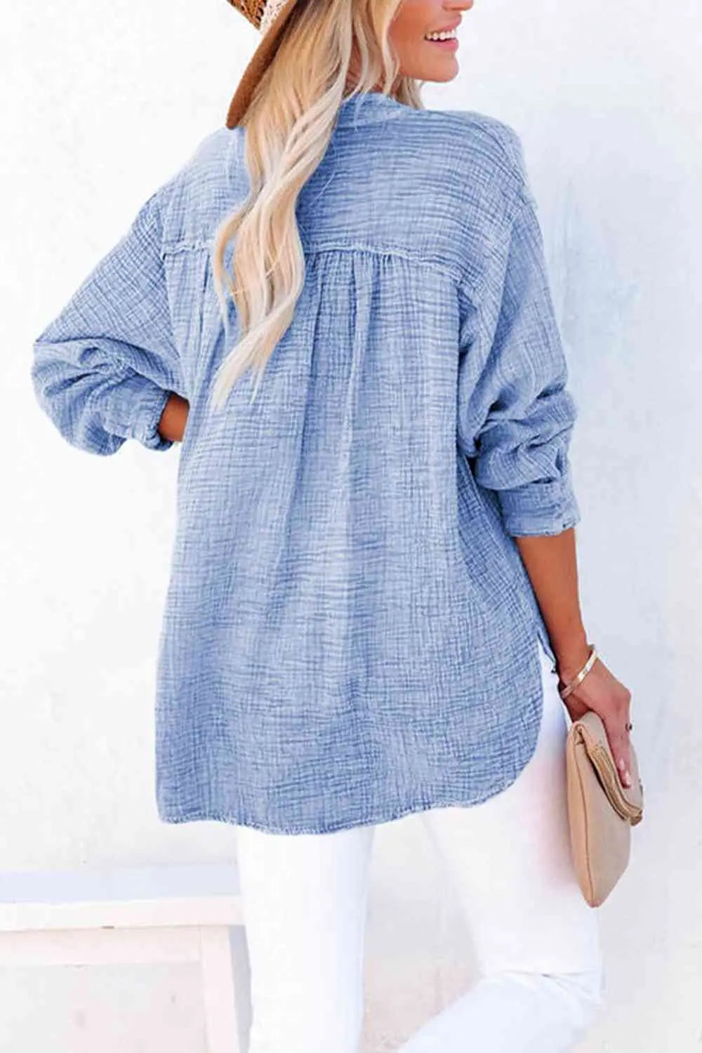 Women's Textured Cotton Buttoned Long Sleeve Blouse - Be Bliss Boutique