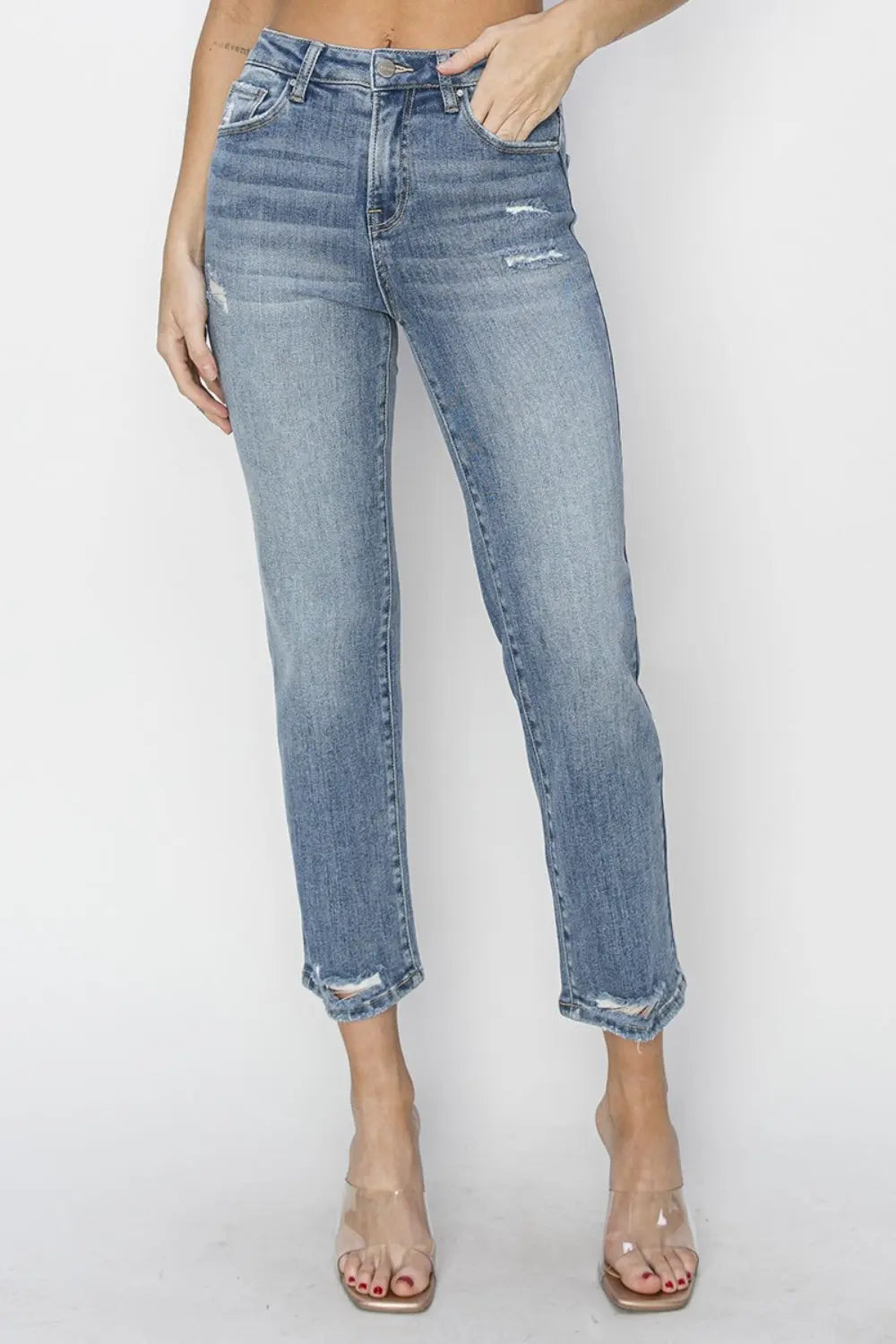 RISEN Full Size High Waist Distressed Cropped Jeans - Be Bliss Boutique