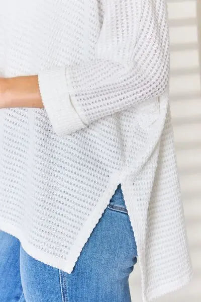 Zenana Full Size Waffle Knit V-Neck Long Sleeve Slit Top - Be Bliss Boutique