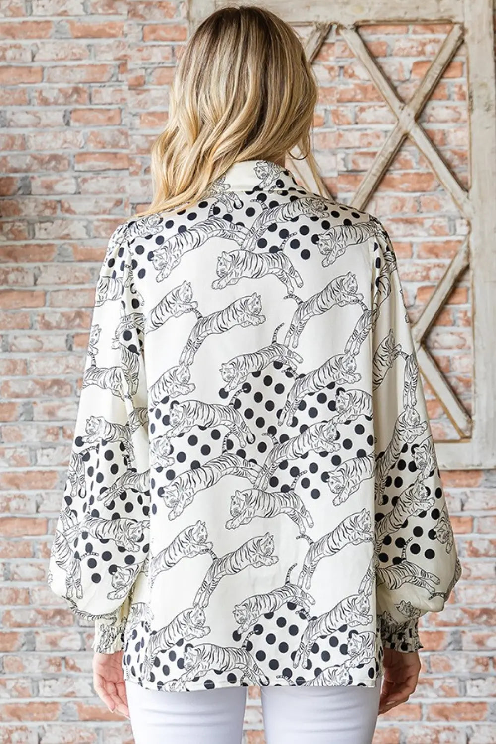 First Love Tiger Print Collared Neck Long Sleeve Satin Shirt - Be Bliss Boutique