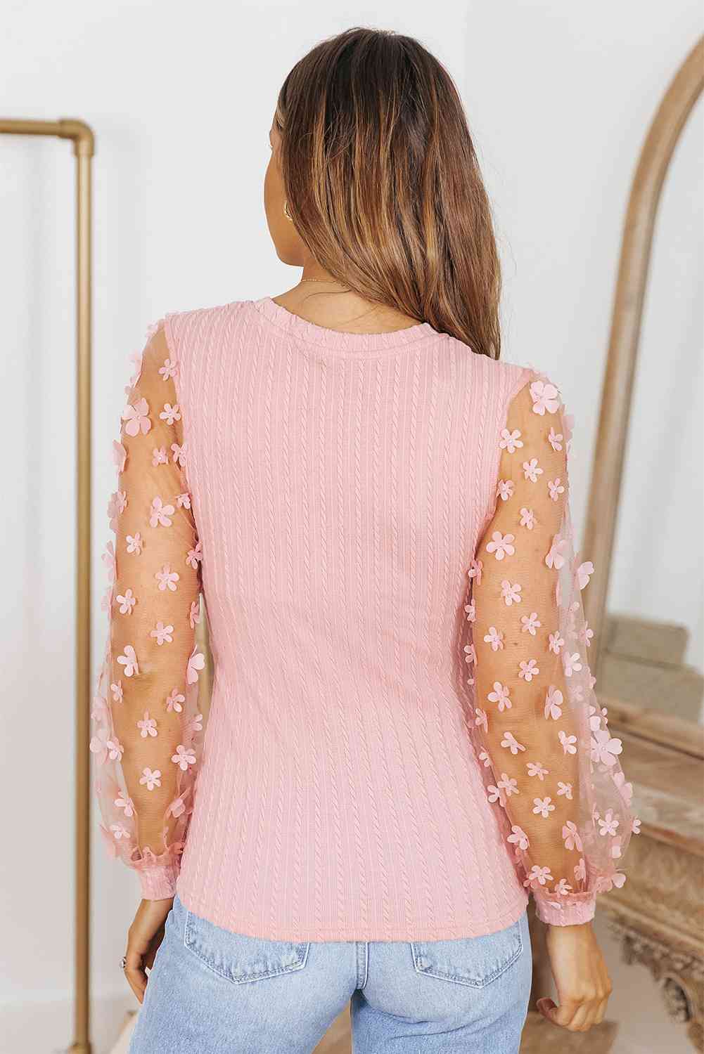 Double Take Textured Applique Long Sleeve Blouse - Be Bliss Boutique