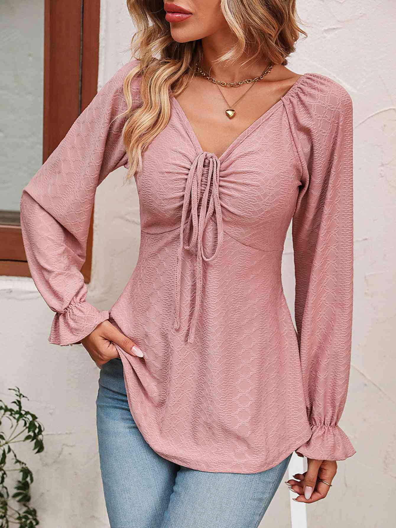 Tie Front V-Neck Puff Sleeve Blouse - Be Bliss Boutique