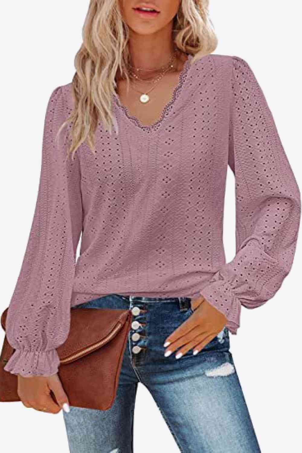 Eyelet V-Neck Flounce Sleeve Blouse - Be Bliss Boutique