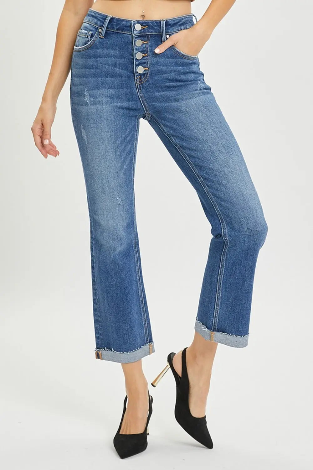 RISEN Full Size Button Fly Cropped Bootcut Jeans - Be Bliss Boutique
