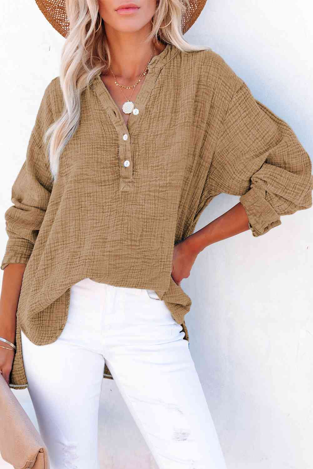 Women's Textured Cotton Buttoned Long Sleeve Blouse - Be Bliss Boutique