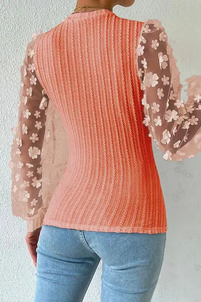 Double Take Textured Applique Long Sleeve Blouse - Be Bliss Boutique