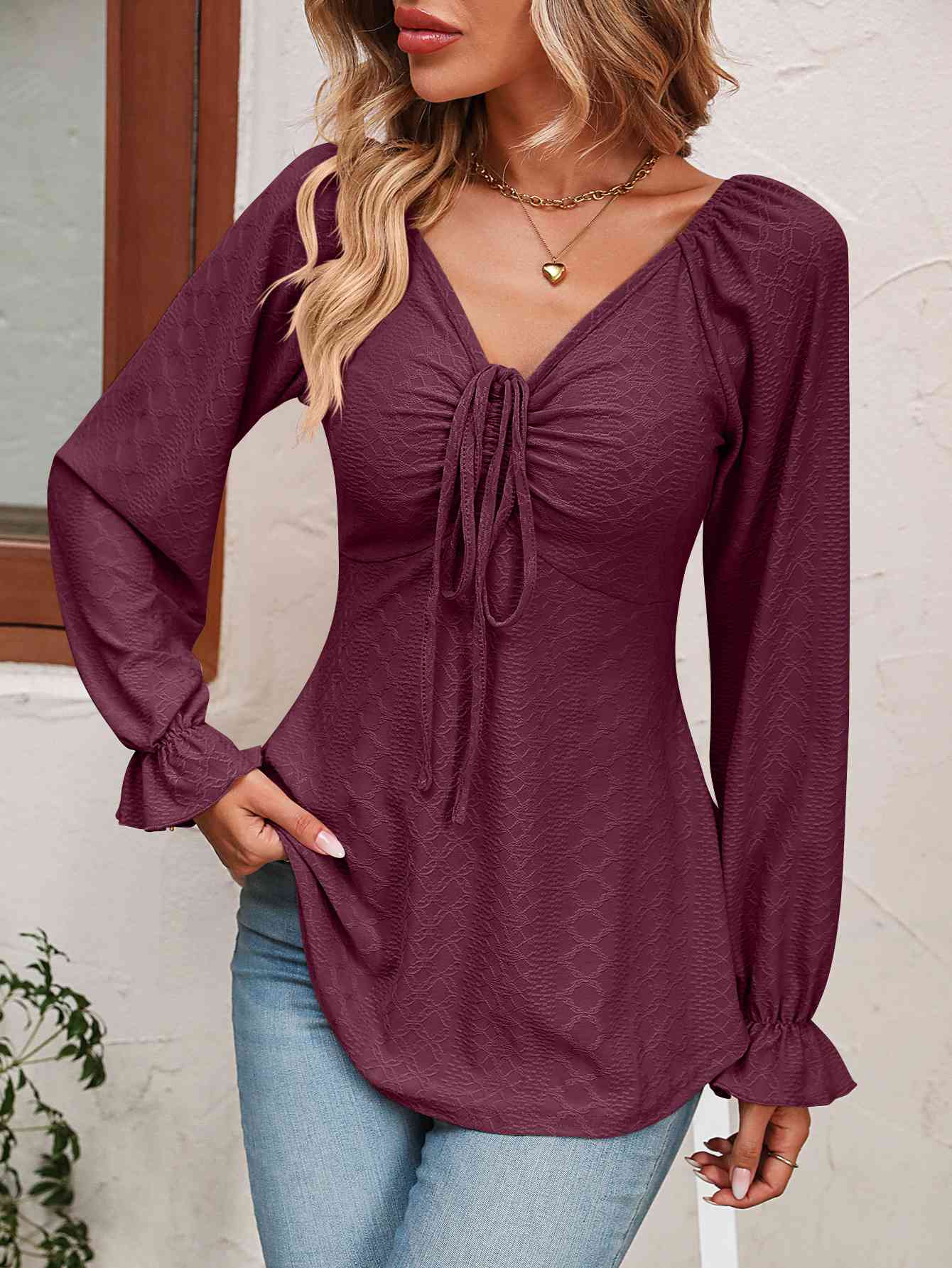 Tie Front V-Neck Puff Sleeve Blouse - Be Bliss Boutique