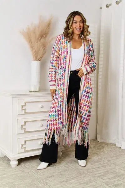 Multicolored Open Front Fringe Hem Cardigan - Be Bliss Boutique