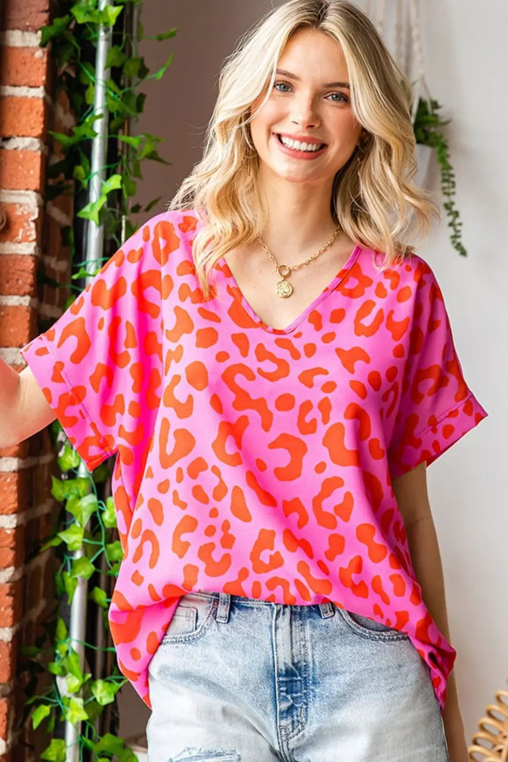 First Love Leopard V-Neck Short Sleeve Woven Top - Be Bliss Boutique